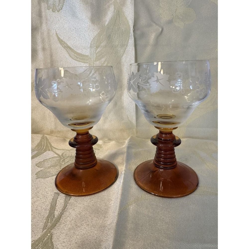 German Roemer Wine Glasses Etched Grape Leaves Amber Beehive Stem Set of 2